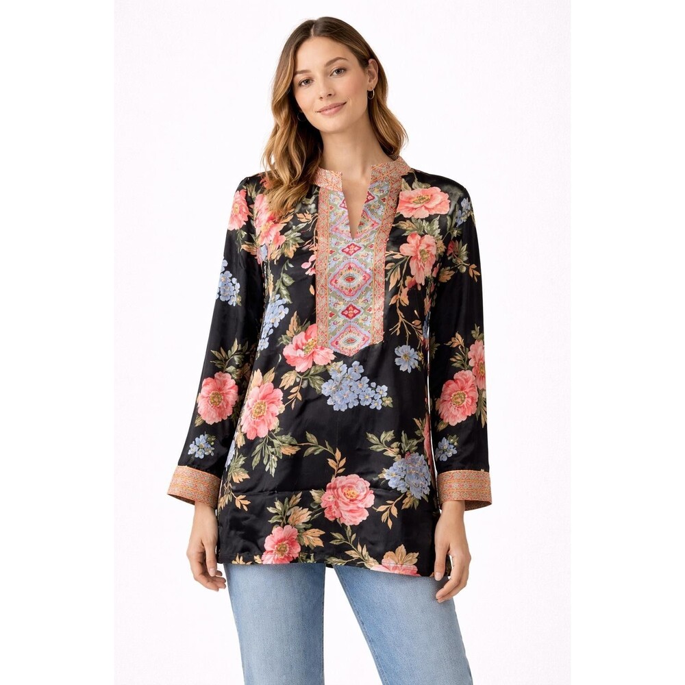 Oscar De La Renta Womens Black Floral Blouse Tunic Long Sleeve Large
